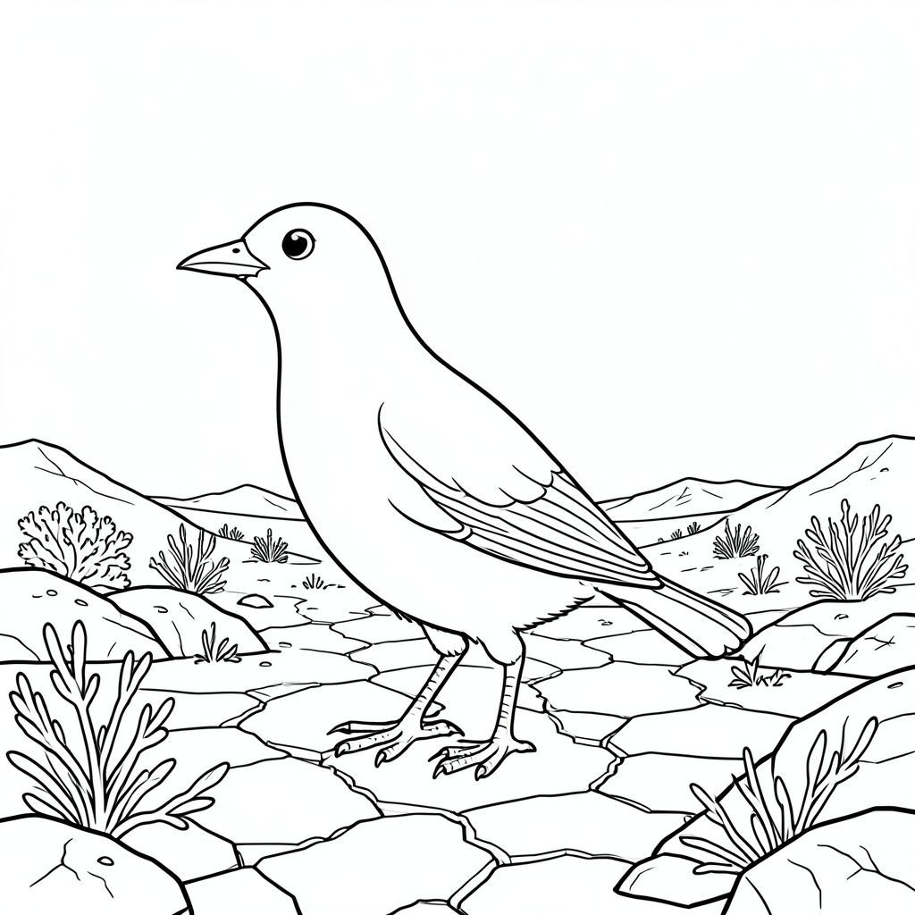 solo, một con chim, một đầu, hai mắt, một mỏ, hai cánh, hai chân, một đuôi, tỷ lệ tự nhiên, quy mô thích hợp trong môi trường, đúng giải phẫu, chim, Độ cao cao, cao nguyên sa mạc, thảm thực vật thưa thớt, bầu trời rộng, hoang vắng, địa hình đá, nứt đất, ánh nắng, rộng lớn, trong sáng, trang màu, nghệ thuật đường, nền trắng, solo, chủ đề đơn, đúng giải phẫu, giải phẫu hoàn hảo