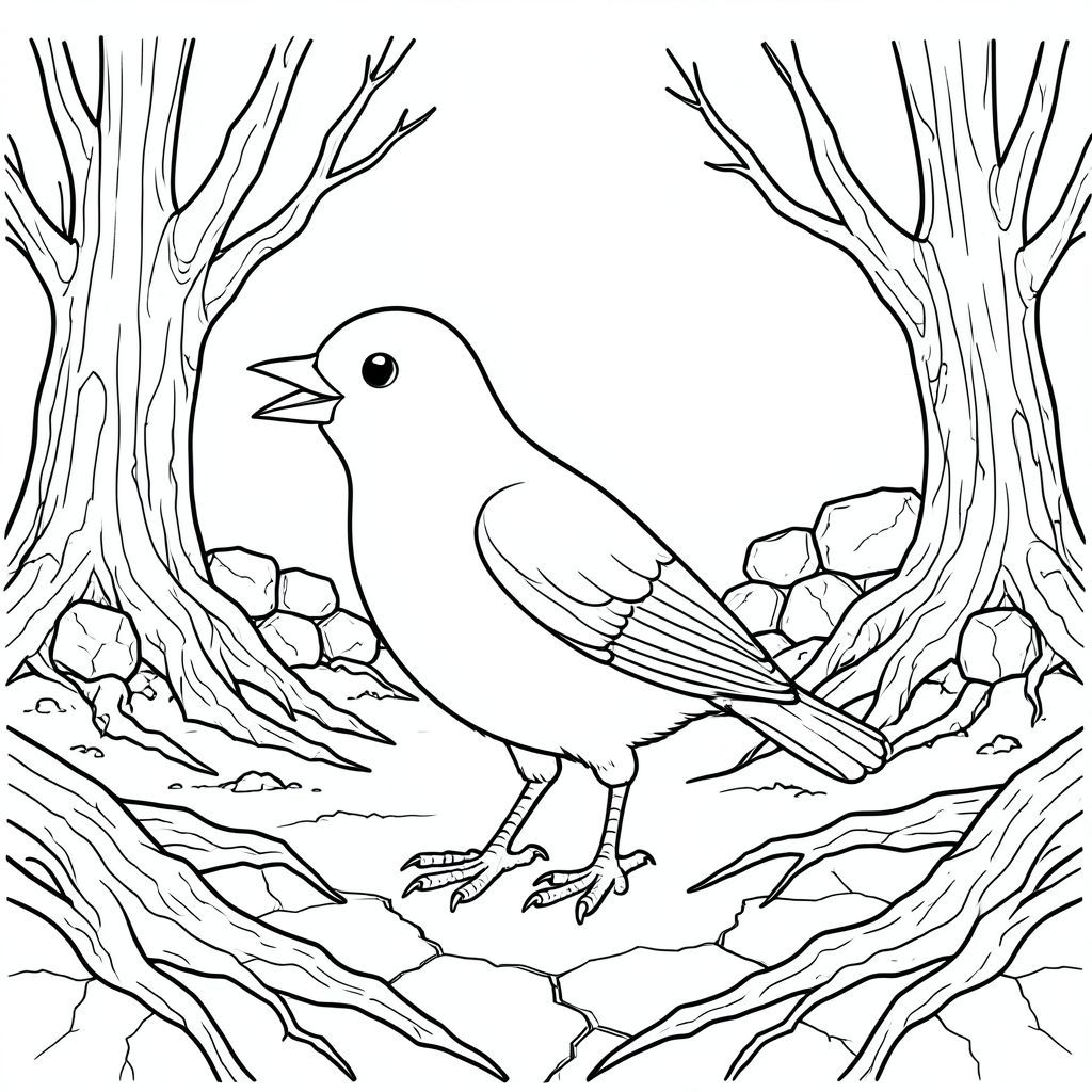 solo, một con chim, một đầu, hai mắt, một mỏ, hai cánh, hai chân, một đuôi, tỷ lệ tự nhiên, quy mô thích hợp trong môi trường, đúng giải phẫu, chim, Gỗ hóa đá, cây đá, đất cằn cỗi, phong cảnh hoang vắng, rễ cổ xưa, nứt đất, rõ ràng, độ tương phản cao, kết cấu thực tế, bề mặt phong hóa, trang màu, nghệ thuật đường, nền trắng, solo, chủ đề đơn, đúng giải phẫu, giải phẫu hoàn hảo