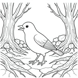 solo, một con chim, một đầu, hai mắt, một mỏ, hai cánh, hai chân, một đuôi, tỷ lệ tự nhiên, quy mô thích hợp trong môi trường, đúng giải phẫu, chim, Gỗ hóa đá, cây đá, đất cằn cỗi, phong cảnh hoang vắng, rễ cổ xưa, nứt đất, rõ ràng, độ tương phản cao, kết cấu thực tế, bề mặt phong hóa, trang màu, nghệ thuật đường, nền trắng, solo, chủ đề đơn, đúng giải phẫu, giải phẫu hoàn hảo