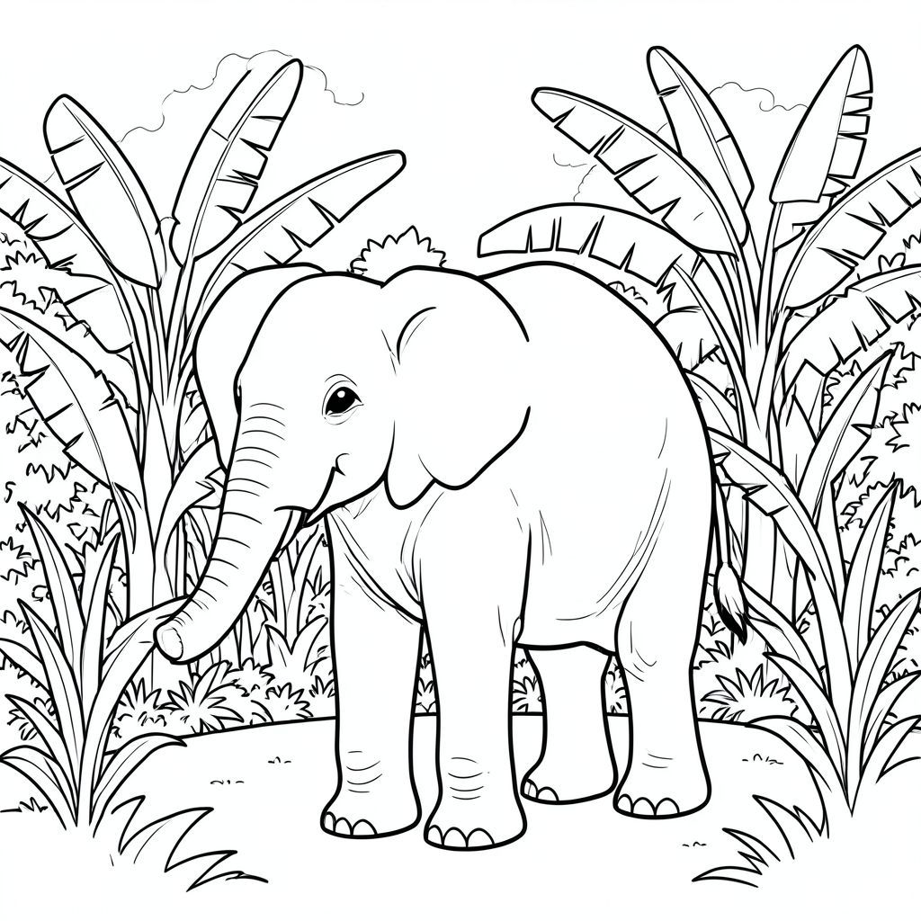 solo, một con voi, một đầu, hai mắt, hai tai lớn, một thân cây, bốn chân, một đuôi, bàn chân trên nền vững chắc, tỷ lệ tự nhiên, quy mô thích hợp trong môi trường, đúng về mặt giải phẫu, voi, Cây chuối, hàng, cao, lá rộng, ánh sáng mặt trời, lốm đốm, thực tế, Môi trường, dày đặc, Tán lá, trang màu, nghệ thuật đường, nền trắng, Solo, chủ đề đơn, đúng về mặt giải phẫu, giải phẫu hoàn hảo