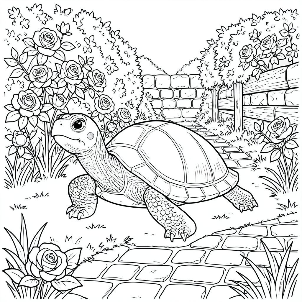 solo, rùa đơn, một đầu, hai mắt, bốn chân, một vỏ, một đuôi, bàn chân trên nền vững chắc, tỷ lệ tự nhiên, quy mô thích hợp trong môi trường, đúng giải phẫu, rùa, Hoa hồng, hàng rào, Bức tường đá, Gỗ phong hóa, con đường lát đá cuội, cỏ, ánh sáng mặt trời, phối cảnh khí quyển, phong cách cổ điển, kết cấu chi tiết, trang màu, nghệ thuật đường, nền trắng, solo, chủ đề đơn, đúng giải phẫu, giải phẫu hoàn hảo