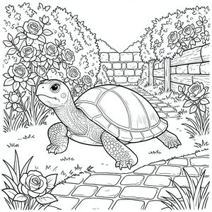 solo, rùa đơn, một đầu, hai mắt, bốn chân, một vỏ, một đuôi, bàn chân trên nền vững chắc, tỷ lệ tự nhiên, quy mô thích hợp trong môi trường, đúng giải phẫu, rùa, Hoa hồng, hàng rào, Bức tường đá, Gỗ phong hóa, con đường lát đá cuội, cỏ, ánh sáng mặt trời, phối cảnh khí quyển, phong cách cổ điển, kết cấu chi tiết, trang màu, nghệ thuật đường, nền trắng, solo, chủ đề đơn, đúng giải phẫu, giải phẫu hoàn hảo