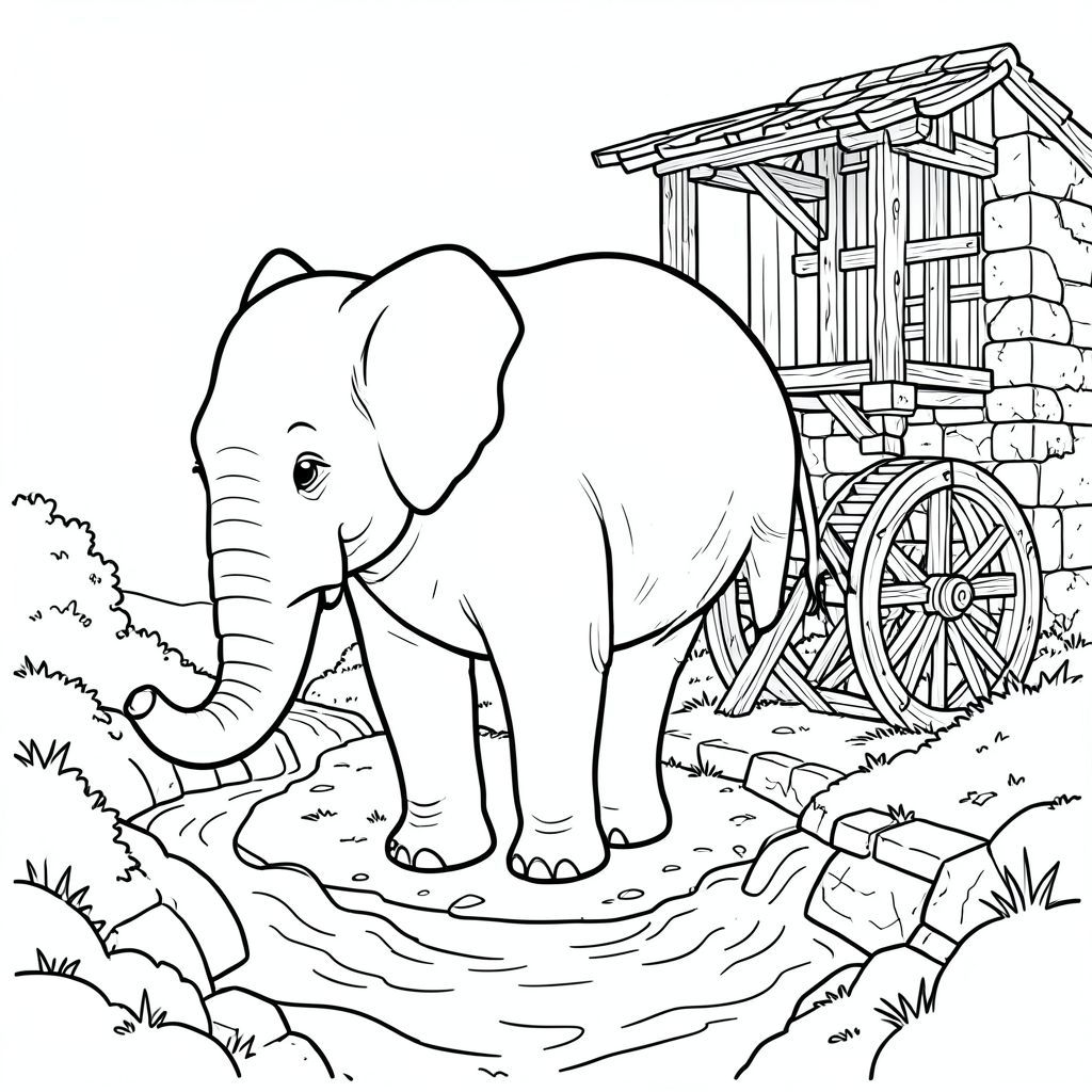 solo, một con voi, một đầu, hai mắt, hai tai lớn, một thân cây, bốn chân, một đuôi, bàn chân trên nền vững chắc, tỷ lệ tự nhiên, quy mô thích hợp trong môi trường, đúng về mặt giải phẫu, voi, Nước, suối, vội vàng, xưa, cối xay, bằng gỗ, bánh xe, Phong hóa, đá, rêu, trang màu, nghệ thuật đường, nền trắng, Solo, chủ đề đơn, đúng giải phẫu, giải phẫu hoàn hảo