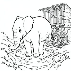 solo, một con voi, một đầu, hai mắt, hai tai lớn, một thân cây, bốn chân, một đuôi, bàn chân trên nền vững chắc, tỷ lệ tự nhiên, quy mô thích hợp trong môi trường, đúng về mặt giải phẫu, voi, Nước, suối, vội vàng, xưa, cối xay, bằng gỗ, bánh xe, Phong hóa, đá, rêu, trang màu, nghệ thuật đường, nền trắng, Solo, chủ đề đơn, đúng giải phẫu, giải phẫu hoàn hảo