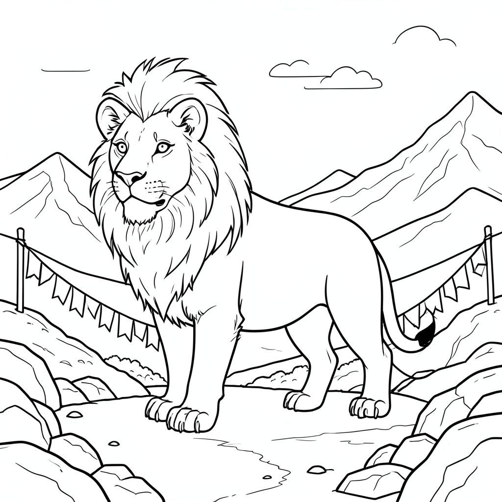 solo, chủ đề đơn, một đầu, hai mắt, hai tai, bốn chân, một đuôi, tỷ lệ tự nhiên, quy mô thích hợp trong môi trường, đúng giải phẫu, sư tử, cao nguyên rộng lớn, núi, cờ cầu nguyện, đỉnh núi xa, địa hình đá, phong cảnh khô cằn, ánh sáng mặt trời, bầu trời quang đãng, bầu trời, đồi thoai thoải, trang màu, nghệ thuật đường, nền trắng, solo, chủ đề đơn, đúng giải phẫu, giải phẫu hoàn hảo