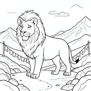 solo, chủ đề đơn, một đầu, hai mắt, hai tai, bốn chân, một đuôi, tỷ lệ tự nhiên, quy mô thích hợp trong môi trường, đúng giải phẫu, sư tử, cao nguyên rộng lớn, núi, cờ cầu nguyện, đỉnh núi xa, địa hình đá, phong cảnh khô cằn, ánh sáng mặt trời, bầu trời quang đãng, bầu trời, đồi thoai thoải, trang màu, nghệ thuật đường, nền trắng, solo, chủ đề đơn, đúng giải phẫu, giải phẫu hoàn hảo