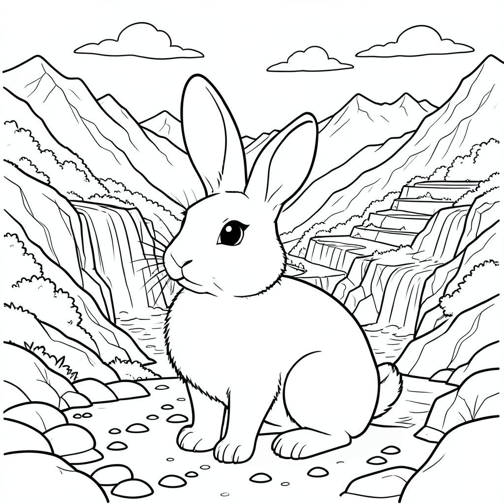 solo, chủ đề đơn, một đầu, hai mắt, hai tai, bốn chân, một đuôi, tỷ lệ tự nhiên, quy mô thích hợp trong môi trường, đúng giải phẫu, thỏ, hồ núi cao, thác nước xếp tầng, sườn đá, ruộng bậc thang xanh tươi, đỉnh núi xa, bầu trời u ám, đá mịn, băng băng, thung lũng, dốc nắng, trang màu, nghệ thuật đường, nền trắng, solo, chủ đề đơn, đúng về mặt giải phẫu, giải phẫu hoàn hảo