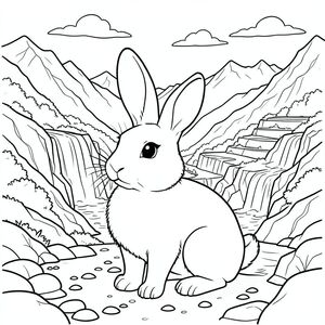 solo, chủ đề đơn, một đầu, hai mắt, hai tai, bốn chân, một đuôi, tỷ lệ tự nhiên, quy mô thích hợp trong môi trường, đúng giải phẫu, thỏ, hồ núi cao, thác nước xếp tầng, sườn đá, ruộng bậc thang xanh tươi, đỉnh núi xa, bầu trời u ám, đá mịn, băng băng, thung lũng, dốc nắng, trang màu, nghệ thuật đường, nền trắng, solo, chủ đề đơn, đúng về mặt giải phẫu, giải phẫu hoàn hảo