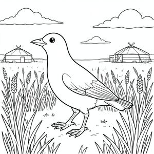 solo, một con chim, một đầu, hai mắt, một mỏ, hai cánh, hai chân, một đuôi, tỷ lệ tự nhiên, quy mô thích hợp trong môi trường, đúng giải phẫu, chim, thảo nguyên, đồng cỏ, cỏ vô tận, thân cây cao, làng lều xa, đường chân trời, bầu trời, đám mây, ánh sáng mặt trời, bụi, trang màu, nghệ thuật đường, nền trắng, solo, chủ đề đơn, đúng giải phẫu, giải phẫu hoàn hảo