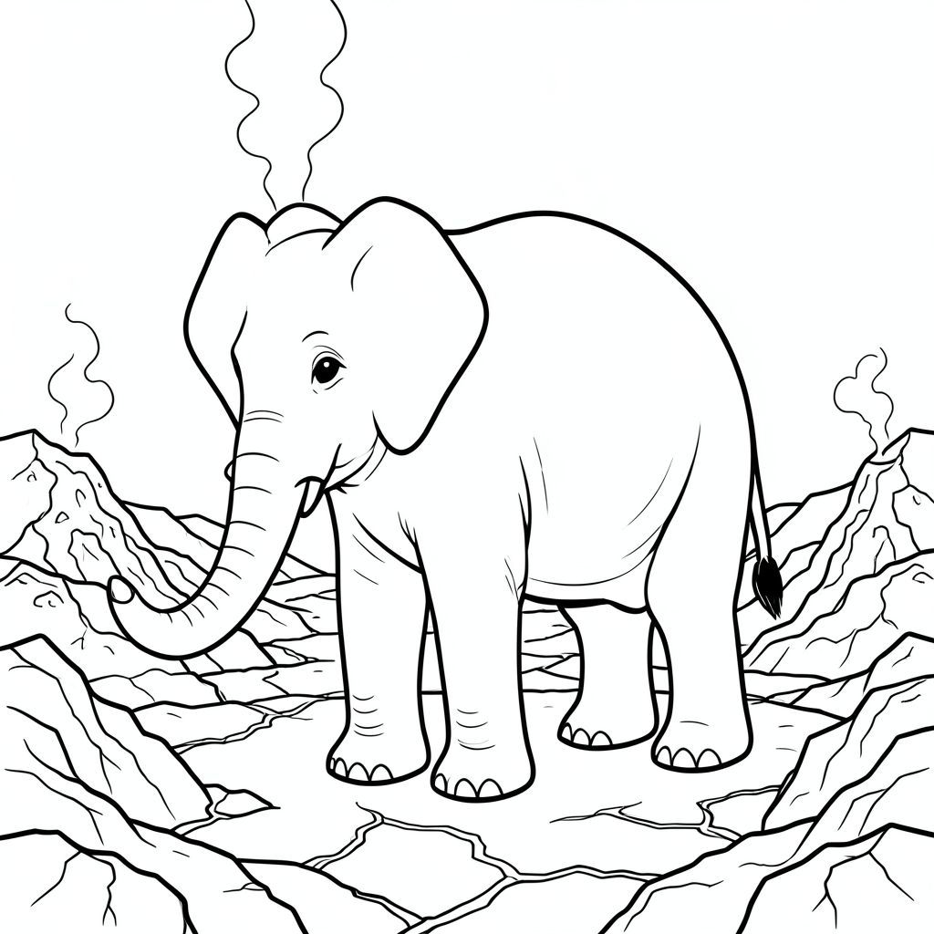 solo, một con voi, một đầu, hai mắt, hai tai lớn, một thân cây, bốn chân, một đuôi, chân trên nền vững chắc, tỷ lệ tự nhiên, quy mô thích hợp trong môi trường, đúng giải phẫu, voi, đá núi lửa, dung nham cứng, khói khói, cát, hoang vắng, cằn cỗi, đất nứt, cạnh răng cưa, nhiệt độ cao, trầm tích khoáng sản, trang màu, nghệ thuật đường nét, nền trắng, solo, chủ đề đơn, đúng giải phẫu,  Giải phẫu hoàn hảo