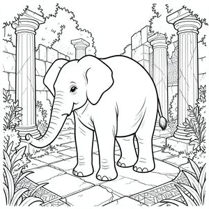 solo, một con voi, một đầu, hai mắt, hai tai lớn, một thân cây, bốn chân, một đuôi, bàn chân trên nền vững chắc, tỷ lệ tự nhiên, quy mô thích hợp trong môi trường, đúng về mặt giải phẫu, voi, Tàn tích cổ, cột đá cẩm thạch, đá phong hóa, vỉa hè nứt, thảm thực vật mọc um tùm, lọc ánh sáng mặt trời, bụi, tường đổ nát, gạch khảm, hoa văn hình học, trang màu, nghệ thuật đường, nền trắng, solo, chủ đề đơn,  chính xác về mặt giải phẫu, giải phẫu hoàn hảo