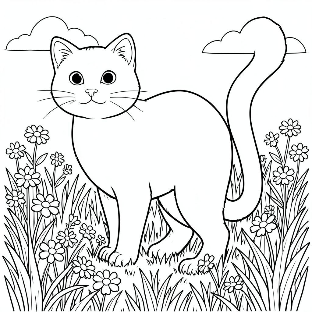 solo, chủ đề đơn, một đầu, hai mắt, hai tai, bốn chân, một đuôi, tỷ lệ tự nhiên, quy mô thích hợp trong môi trường, đúng giải phẫu, con mèo, Hoa dại, đồng cỏ, bầu trời mùa hè, ấm áp, Mở rộng, Mở rộng, tươi tốt, kết cấu, cỏ, cao, trang màu, nghệ thuật đường, nền trắng, solo, chủ đề đơn, chính xác về mặt giải phẫu, giải phẫu hoàn hảo