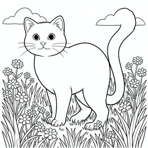 solo, chủ đề đơn, một đầu, hai mắt, hai tai, bốn chân, một đuôi, tỷ lệ tự nhiên, quy mô thích hợp trong môi trường, đúng giải phẫu, con mèo, Hoa dại, đồng cỏ, bầu trời mùa hè, ấm áp, Mở rộng, Mở rộng, tươi tốt, kết cấu, cỏ, cao, trang màu, nghệ thuật đường, nền trắng, solo, chủ đề đơn, chính xác về mặt giải phẫu, giải phẫu hoàn hảo