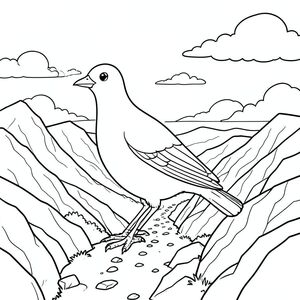 Độc mình, một con chim, một đầu, hai mắt, một mỏ, hai cánh, hai chân, một đuôi, tỷ lệ tự nhiên, quy mô thích hợp trong môi trường, đúng giải phẫu, chim, sườn núi, đường mòn, đám mây, toàn cảnh, tầm nhìn xa, góc rộng, phong cảnh, nâng cao, đá, dốc, trang màu, nghệ thuật đường, nền trắng, solo, chủ đề đơn, chính xác về mặt giải phẫu, giải phẫu hoàn hảo