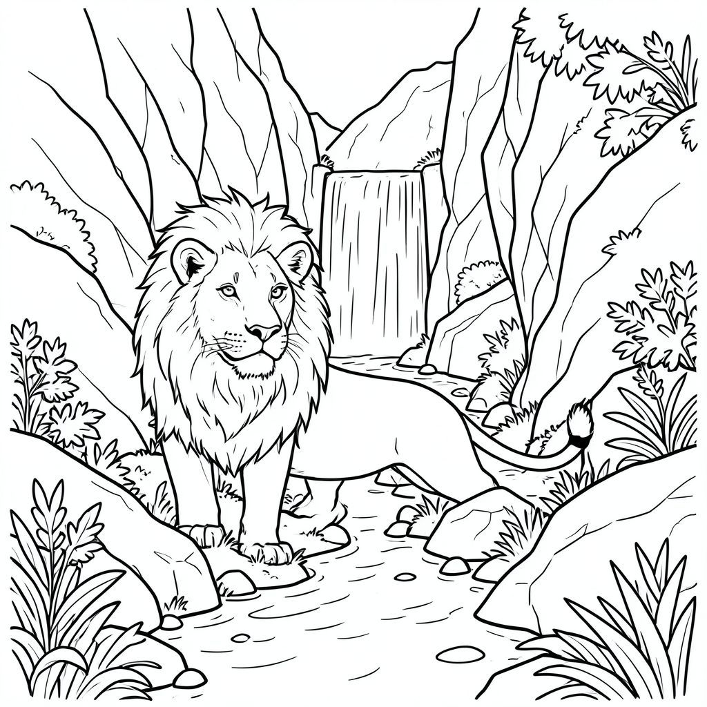 solo, chủ đề đơn, một đầu, hai mắt, hai tai, bốn chân, một đuôi, tỷ lệ tự nhiên, quy mô thích hợp trong môi trường, đúng giải phẫu, sư tử, suối núi, hẻm núi đá, lối đi hẹp, nước xếp tầng, ánh sáng mặt trời, đá, đá, thảm thực vật, tán lá, chiều sâu, trang màu, nghệ thuật đường, nền trắng, solo, chủ đề đơn, chính xác về mặt giải phẫu, giải phẫu hoàn hảo