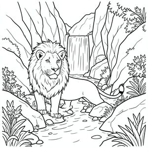 solo, chủ đề đơn, một đầu, hai mắt, hai tai, bốn chân, một đuôi, tỷ lệ tự nhiên, quy mô thích hợp trong môi trường, đúng giải phẫu, sư tử, suối núi, hẻm núi đá, lối đi hẹp, nước xếp tầng, ánh sáng mặt trời, đá, đá, thảm thực vật, tán lá, chiều sâu, trang màu, nghệ thuật đường, nền trắng, solo, chủ đề đơn, chính xác về mặt giải phẫu, giải phẫu hoàn hảo