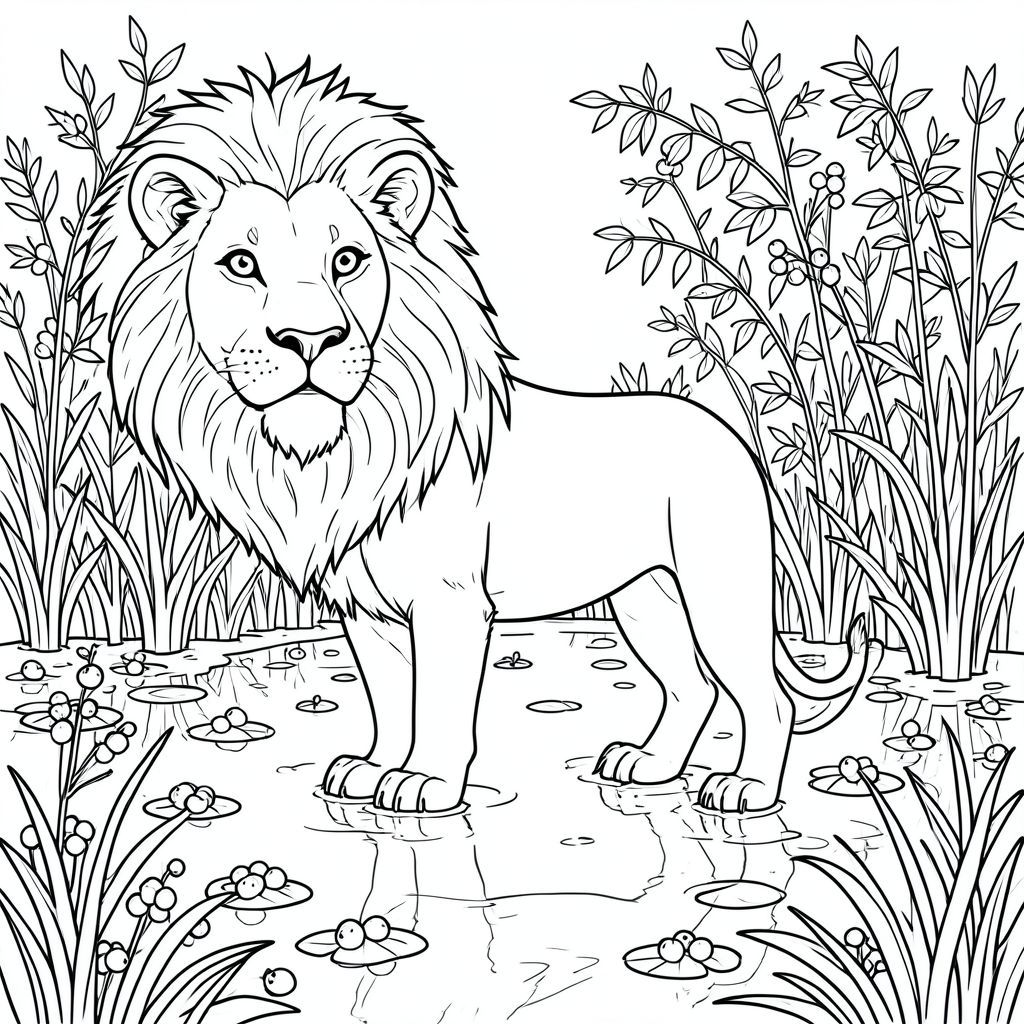 solo, chủ đề đơn, một đầu, hai mắt, hai tai, bốn chân, một đuôi, tỷ lệ tự nhiên, quy mô thích hợp trong môi trường, đúng giải phẫu, sư tử, đầm lầy nam việt quất, ngập lụt, quả mọng, nổi, phản chiếu, Nước, Ánh sáng mặt trời, dày đặc, Tán lá, cao, Trang màu, nghệ thuật đường, nền trắng, Solo, chủ đề đơn, đúng về mặt giải phẫu, giải phẫu hoàn hảo