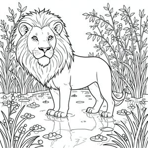 solo, chủ đề đơn, một đầu, hai mắt, hai tai, bốn chân, một đuôi, tỷ lệ tự nhiên, quy mô thích hợp trong môi trường, đúng giải phẫu, sư tử, đầm lầy nam việt quất, ngập lụt, quả mọng, nổi, phản chiếu, Nước, Ánh sáng mặt trời, dày đặc, Tán lá, cao, Trang màu, nghệ thuật đường, nền trắng, Solo, chủ đề đơn, đúng về mặt giải phẫu, giải phẫu hoàn hảo