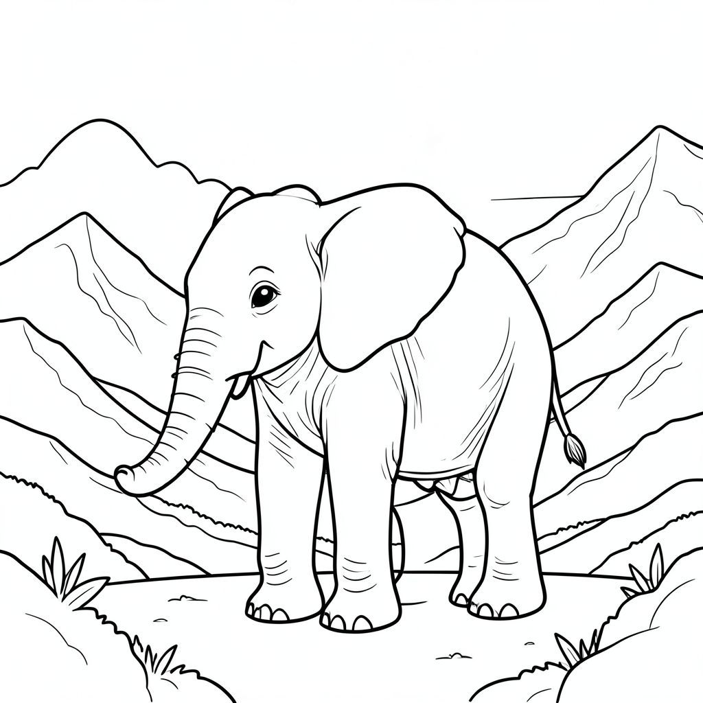 solo, một con voi, một đầu, hai mắt, hai tai lớn, một thân cây, bốn chân, một đuôi, bàn chân trên mặt đất vững chắc, tỷ lệ tự nhiên, quy mô thích hợp trong môi trường, đúng về mặt giải phẫu, voi, Sương mù, núi, mặt trời mọc, rặng núi, Xếp lớp, Chi tiết, thực tế, Môi trường, Toàn cảnh, tiền cảnh, trang tô màu, nghệ thuật đường nét, nền trắng, solo, chủ đề đơn, đúng về mặt giải phẫu, giải phẫu hoàn hảo