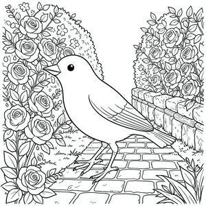 Độc lập, một con chim, một đầu, hai mắt, một mỏ, hai cánh, hai chân, một đuôi, tỷ lệ tự nhiên, quy mô thích hợp trong môi trường, chính xác về mặt giải phẫu, chim, Hoa hồng, hàng rào, bức tường đá, con đường lát đá cuội, Gỗ phong hóa, ánh sáng mặt trời, Tán lá, Vỏ cây kết cấu, Rêu, giọt sương, trang màu, nghệ thuật đường, nền trắng, solo, chủ đề đơn, chính xác về mặt giải phẫu, giải phẫu hoàn hảo