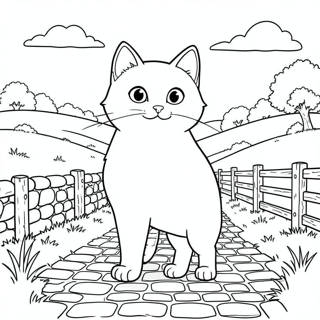 solo, chủ đề đơn, một đầu, hai mắt, hai tai, bốn chân, một đuôi, tỷ lệ tự nhiên, quy mô thích hợp trong môi trường, đúng giải phẫu, con mèo, Đồi thoai thoải, đồng cỏ, tường đá, cây cối xa, bầu trời quang đãng, tầm nhìn mở rộng, trang trại mộc mạc, hàng rào phong hóa, con đường lát đá cuội, phong cách cổ điển, trang màu, nghệ thuật đường, nền trắng, solo, chủ đề đơn, đúng giải phẫu, giải phẫu hoàn hảo