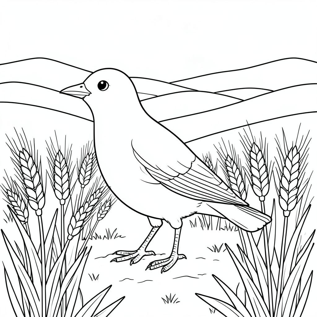 solo, một con chim, một đầu, hai mắt, một mỏ, hai cánh, hai chân, một đuôi, tỷ lệ tự nhiên, quy mô thích hợp trong môi trường, đúng giải phẫu, chim, cánh đồng lúa mì, thân cây, gió mùa hè, rộng lớn, mở rộng, đồi thoai thoải, ánh sáng mặt trời, chi tiết, thực tế, mẫu hình học, trang màu, nghệ thuật đường nét, nền trắng, solo, chủ đề đơn, chính xác về mặt giải phẫu, giải phẫu hoàn hảo