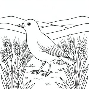 solo, một con chim, một đầu, hai mắt, một mỏ, hai cánh, hai chân, một đuôi, tỷ lệ tự nhiên, quy mô thích hợp trong môi trường, đúng giải phẫu, chim, cánh đồng lúa mì, thân cây, gió mùa hè, rộng lớn, mở rộng, đồi thoai thoải, ánh sáng mặt trời, chi tiết, thực tế, mẫu hình học, trang màu, nghệ thuật đường nét, nền trắng, solo, chủ đề đơn, chính xác về mặt giải phẫu, giải phẫu hoàn hảo