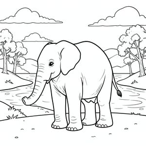 solo, một con voi, một đầu, hai mắt, hai tai lớn, một thân cây, bốn chân, một đuôi, chân trên mặt đất vững chắc, tỷ lệ tự nhiên, quy mô thích hợp trong môi trường, đúng về mặt giải phẫu, voi, sông rộng, bãi cát, cây bông gòn, cồn cát, nước, ánh sáng mặt trời, bầu trời, đám mây, đường chân trời, đường bờ biển, trang màu, nghệ thuật đường, nền trắng, solo, chủ đề đơn, đúng giải phẫu, giải phẫu hoàn hảo