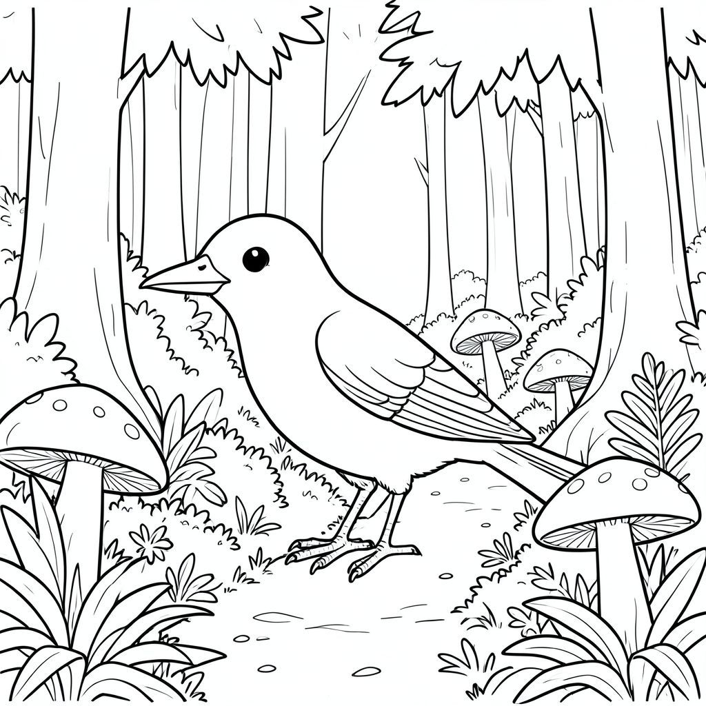 solo, một con chim, một đầu, hai mắt, một mỏ, hai cánh, hai chân, một đuôi, tỷ lệ tự nhiên, quy mô thích hợp trong môi trường, đúng giải phẫu, chim, Nấm, Người khổng lồ, rừng, dày đặc, Tán lá, cao, quanh co, con đường, ánh sáng mặt trời, lốm đốm, trang tô màu, nghệ thuật đường, nền trắng, solo, chủ đề đơn, đúng về mặt giải phẫu, giải phẫu hoàn hảo
