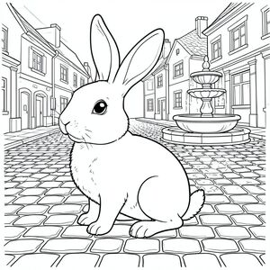 solo, chủ đề đơn, một đầu, hai mắt, hai tai, bốn chân, một đuôi, tỷ lệ tự nhiên, quy mô thích hợp trong môi trường, đúng giải phẫu, thỏ, đá cuội, đá cuội, quảng trường làng, đường đá cuội, đài phun nước, đài phun nước, nước, phản chiếu, ánh sáng mặt trời, rõ ràng, trang tô màu, nghệ thuật đường, nền trắng, solo, chủ đề đơn, đúng giải phẫu, giải phẫu hoàn hảo