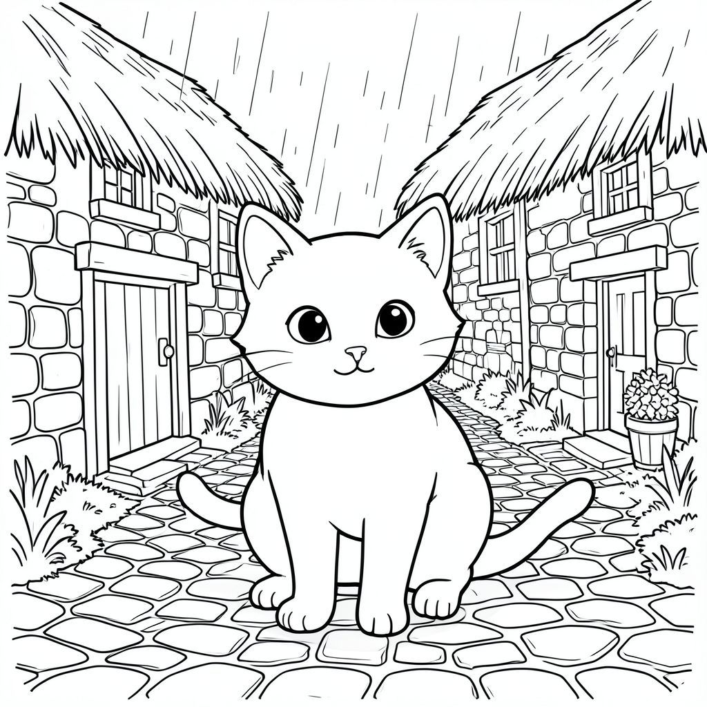 solo, chủ đề đơn, một đầu, hai mắt, hai tai, bốn chân, một đuôi, tỷ lệ tự nhiên, quy mô thích hợp trong môi trường, đúng giải phẫu, con mèo, Tường đá, mái tranh, làng, thời trung cổ, cổ kính, mộc mạc, ánh sáng lờ mờ, mưa, đá cuội, con đường, trang tô màu, nghệ thuật đường, nền trắng, solo, chủ đề đơn, đúng giải phẫu, giải phẫu hoàn hảo