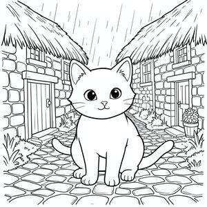 solo, chủ đề đơn, một đầu, hai mắt, hai tai, bốn chân, một đuôi, tỷ lệ tự nhiên, quy mô thích hợp trong môi trường, đúng giải phẫu, con mèo, Tường đá, mái tranh, làng, thời trung cổ, cổ kính, mộc mạc, ánh sáng lờ mờ, mưa, đá cuội, con đường, trang tô màu, nghệ thuật đường, nền trắng, solo, chủ đề đơn, đúng giải phẫu, giải phẫu hoàn hảo