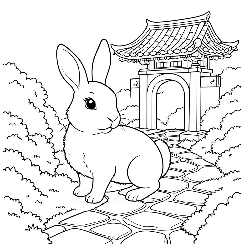 solo, chủ đề đơn, một đầu, hai mắt, hai tai, bốn chân, một đuôi, tỷ lệ tự nhiên, quy mô thích hợp trong môi trường, đúng giải phẫu, thỏ, Chùa, vườn, cổng vòm, cổng mặt trăng, mái ngói, rêu, đá, con đường, quanh co, phản chiếu, trang màu, nghệ thuật đường, nền trắng, solo, chủ đề đơn, đúng về mặt giải phẫu, giải phẫu hoàn hảo