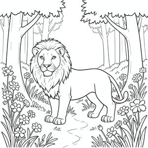 solo, chủ đề đơn, một đầu, hai mắt, hai tai, bốn chân, một đuôi, tỷ lệ tự nhiên, quy mô thích hợp trong môi trường, đúng giải phẫu, sư tử, rừng có ánh nắng, trũng, hoa dại, nở hoa, cây, cao, cuống, lốm đốm, tán lá, con đường quanh co, trang màu, nghệ thuật đường, nền trắng, solo, chủ đề đơn, đúng giải phẫu, giải phẫu hoàn hảo