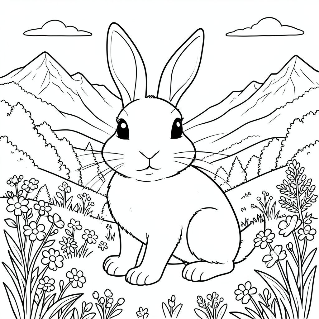 solo, chủ đề đơn, một đầu, hai mắt, hai tai, bốn chân, một đuôi, tỷ lệ tự nhiên, quy mô thích hợp trong môi trường, chính xác về mặt giải phẫu, thỏ, thung lũng núi cao, toàn cảnh, đồng cỏ hoa dại, đỉnh núi phủ tuyết, núi xa, thảm thực vật tươi tốt, ánh sáng mặt trời, bầu trời quang đãng, bầu trời, đồi thoai thoải, tô màu, nghệ thuật đường, nền trắng, solo, chủ đề đơn, đúng về mặt giải phẫu, giải phẫu hoàn hảo