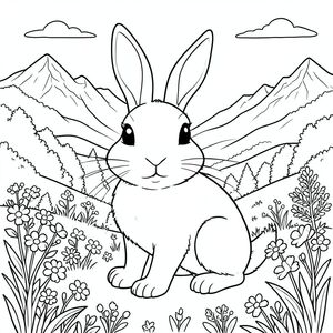 solo, chủ đề đơn, một đầu, hai mắt, hai tai, bốn chân, một đuôi, tỷ lệ tự nhiên, quy mô thích hợp trong môi trường, chính xác về mặt giải phẫu, thỏ, thung lũng núi cao, toàn cảnh, đồng cỏ hoa dại, đỉnh núi phủ tuyết, núi xa, thảm thực vật tươi tốt, ánh sáng mặt trời, bầu trời quang đãng, bầu trời, đồi thoai thoải, tô màu, nghệ thuật đường, nền trắng, solo, chủ đề đơn, đúng về mặt giải phẫu, giải phẫu hoàn hảo