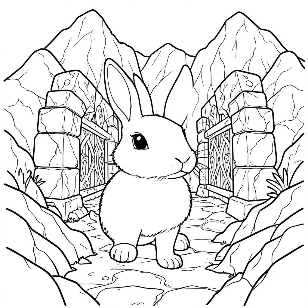 solo, chủ đề đơn, một đầu, hai mắt, hai tai, bốn chân, một đuôi, tỷ lệ tự nhiên, quy mô thích hợp trong môi trường, đúng giải phẫu, thỏ, cổng đá lớn, chạm khắc, phức tạp, chi tiết, thực tế, núi, lối vào, hang động, đá, con đường, trang màu, nghệ thuật đường, nền trắng, solo, chủ đề đơn, đúng giải phẫu, giải phẫu hoàn hảo