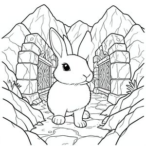 solo, chủ đề đơn, một đầu, hai mắt, hai tai, bốn chân, một đuôi, tỷ lệ tự nhiên, quy mô thích hợp trong môi trường, đúng giải phẫu, thỏ, cổng đá lớn, chạm khắc, phức tạp, chi tiết, thực tế, núi, lối vào, hang động, đá, con đường, trang màu, nghệ thuật đường, nền trắng, solo, chủ đề đơn, đúng giải phẫu, giải phẫu hoàn hảo