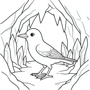 solo, một con chim, một đầu, hai mắt, một mỏ, hai cánh, hai chân, một đuôi, tỷ lệ tự nhiên, quy mô thích hợp trong môi trường, đúng giải phẫu, chim, Hang pha lê, thạch anh, sự hình thành, độ sâu, khoáng sản, đá, hang động, Tường, trần nhà, mịn, trang màu, nghệ thuật đường nét, nền trắng, solo, chủ đề đơn, đúng giải phẫu, giải phẫu hoàn hảo