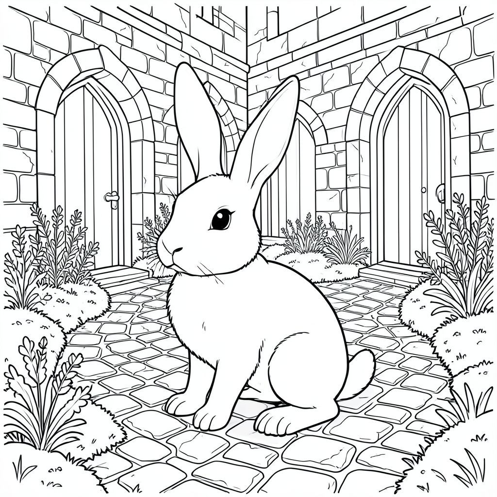 solo, chủ đề đơn, một đầu, hai mắt, hai tai, bốn chân, một đuôi, tỷ lệ tự nhiên, quy mô thích hợp trong môi trường, đúng giải phẫu, thỏ, Sân thời Trung cổ, tường đá, ô cửa hình vòm, vườn thảo mộc, ánh sáng mặt trời, rêu, đá, phong hóa, đá cuội, con đường quanh co, trang màu, nghệ thuật đường nét, nền trắng, solo, chủ đề đơn, đúng giải phẫu, giải phẫu hoàn hảo