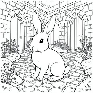 solo, chủ đề đơn, một đầu, hai mắt, hai tai, bốn chân, một đuôi, tỷ lệ tự nhiên, quy mô thích hợp trong môi trường, đúng giải phẫu, thỏ, Sân thời Trung cổ, tường đá, ô cửa hình vòm, vườn thảo mộc, ánh sáng mặt trời, rêu, đá, phong hóa, đá cuội, con đường quanh co, trang màu, nghệ thuật đường nét, nền trắng, solo, chủ đề đơn, đúng giải phẫu, giải phẫu hoàn hảo