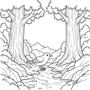 solo, một con chim, một đầu, hai mắt, một mỏ, hai cánh, hai chân, một đuôi, tỷ lệ tự nhiên, quy mô thích hợp trong môi trường, đúng giải phẫu, chim, cây cao chót vót, thân cây khổng lồ, tán lá rậm rạp, lọc ánh sáng mặt trời, mặt đất rêu, vỏ cây phong hóa, sự hình thành đá, dòng suối, nước, núi xa, trang màu, nghệ thuật đường, nền trắng, solo, chủ đề đơn, đúng về mặt giải phẫu, giải phẫu hoàn hảo