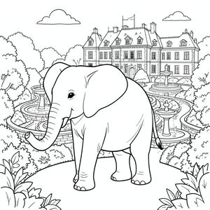 solo, một con voi, một đầu, hai mắt, hai tai lớn, một thân cây, bốn chân, một đuôi, chân trên nền vững chắc, tỷ lệ tự nhiên, quy mô thích hợp trong môi trường, đúng về mặt giải phẫu, voi, lâu đài Pháp, ngổn ngang, vườn được cắt tỉa cẩn thận, đài phun nước, tường đá, cây xanh tươi tốt, con đường quanh co, tán lá chi tiết, ánh sáng mặt trời, tối giản, trang màu, nghệ thuật đường, nền trắng, solo, chủ đề đơn, đúng giải phẫu,  Giải phẫu hoàn hảo