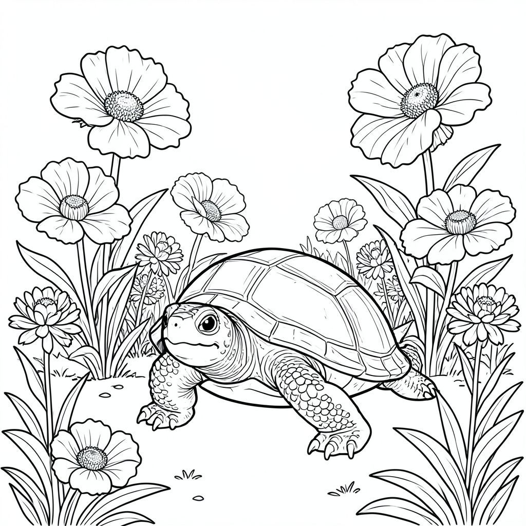 solo, rùa đơn, một đầu, hai mắt, bốn chân, một vỏ, một đuôi, bàn chân trên mặt đất vững chắc, tỷ lệ tự nhiên, quy mô thích hợp trong môi trường, đúng giải phẫu, rùa, Hoa khổng lồ, quá khổ, cao, tươi tốt, phức tạp, chi tiết, thực tế, vườn, phong cảnh, ánh sáng mặt trời, trang màu, nghệ thuật đường, nền trắng, solo, chủ đề đơn, đúng giải phẫu, giải phẫu hoàn hảo