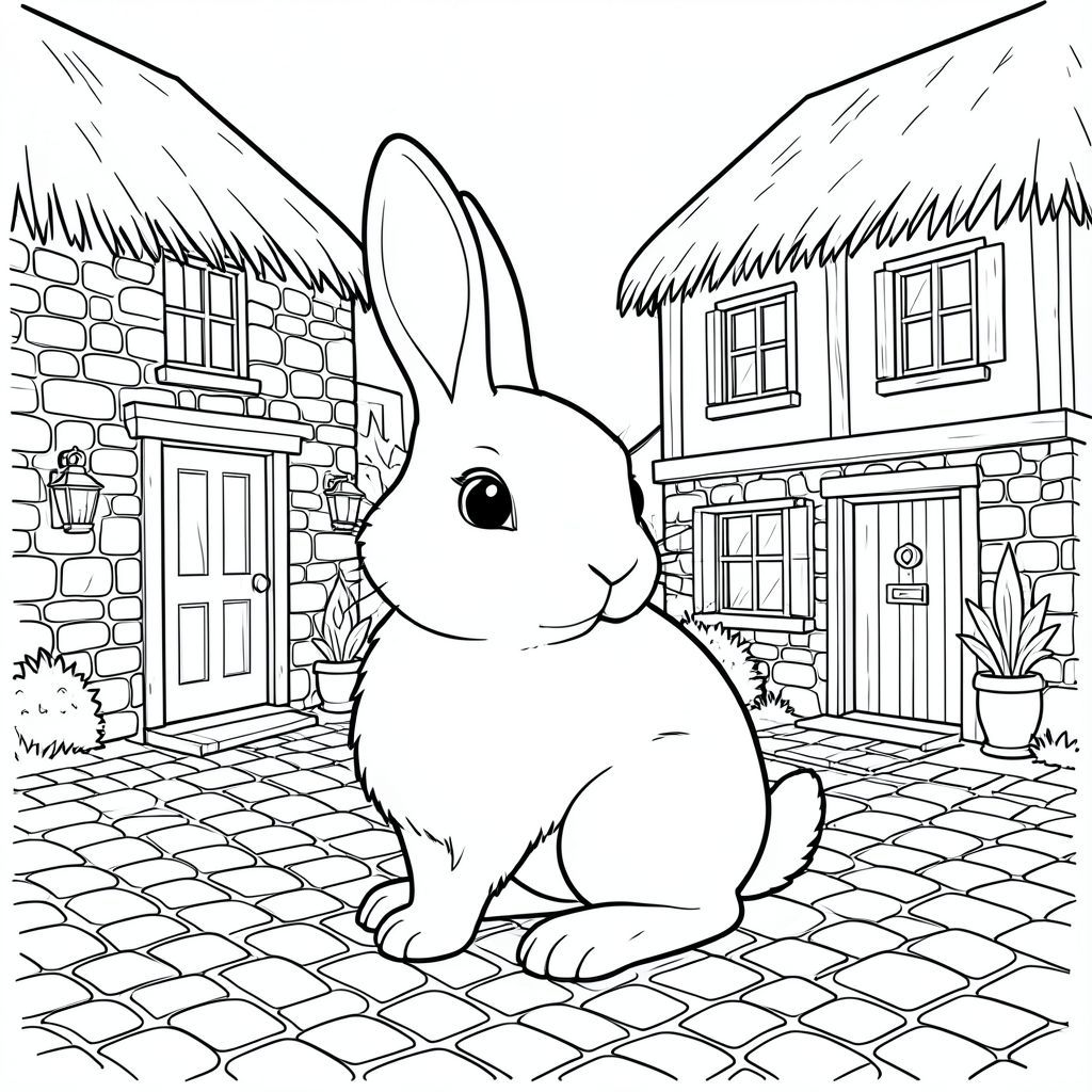 solo, chủ đề đơn, một đầu, hai mắt, hai tai, bốn chân, một đuôi, tỷ lệ tự nhiên, quy mô thích hợp trong môi trường, đúng giải phẫu, thỏ, Tường đá, làng, mái tranh, quán rượu cũ, đường lát đá cuội, Gỗ, cửa sổ, cửa ra vào, đèn lồng, lửa, trang tô màu, nghệ thuật đường, nền trắng, solo, chủ đề đơn, đúng giải phẫu, giải phẫu hoàn hảo