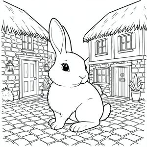 solo, chủ đề đơn, một đầu, hai mắt, hai tai, bốn chân, một đuôi, tỷ lệ tự nhiên, quy mô thích hợp trong môi trường, đúng giải phẫu, thỏ, Tường đá, làng, mái tranh, quán rượu cũ, đường lát đá cuội, Gỗ, cửa sổ, cửa ra vào, đèn lồng, lửa, trang tô màu, nghệ thuật đường, nền trắng, solo, chủ đề đơn, đúng giải phẫu, giải phẫu hoàn hảo