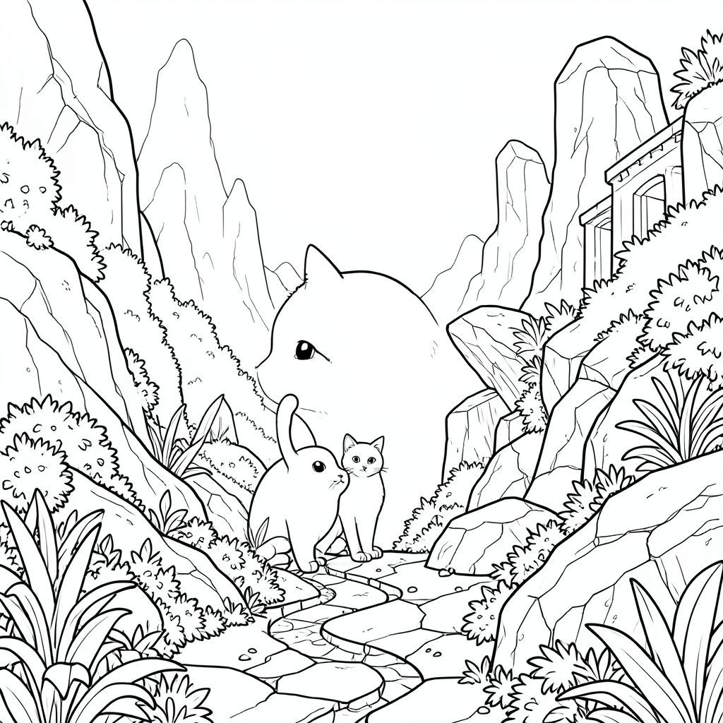 solo, chủ đề đơn, một đầu, hai mắt, hai tai, bốn chân, một đuôi, tỷ lệ tự nhiên, quy mô thích hợp trong môi trường, đúng giải phẫu, con mèo, Đá nổi, thung lũng sương mù, phong cảnh siêu thực, cấu trúc, đất nứt, thảm thực vật dày đặc, đường quanh co, thẳng đứng, kết cấu chi tiết, phối cảnh khí quyển, trang màu, nghệ thuật đường, nền trắng, solo, chủ đề đơn, đúng giải phẫu, giải phẫu hoàn hảo