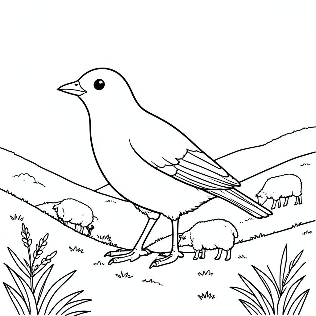 solo, một con chim, một đầu, hai mắt, một mỏ, hai cánh, hai chân, một đuôi, tỷ lệ tự nhiên, quy mô thích hợp trong môi trường, đúng giải phẫu, chim, sườn đồi, phong cảnh lăn, cừu chăn thả, kích thước nhỏ, New Zealand, địa hình lăn, ánh sáng mặt trời, chi tiết, thực tế, mục vụ, trang màu, nghệ thuật đường, nền trắng, solo, chủ đề đơn, đúng giải phẫu, giải phẫu hoàn hảo