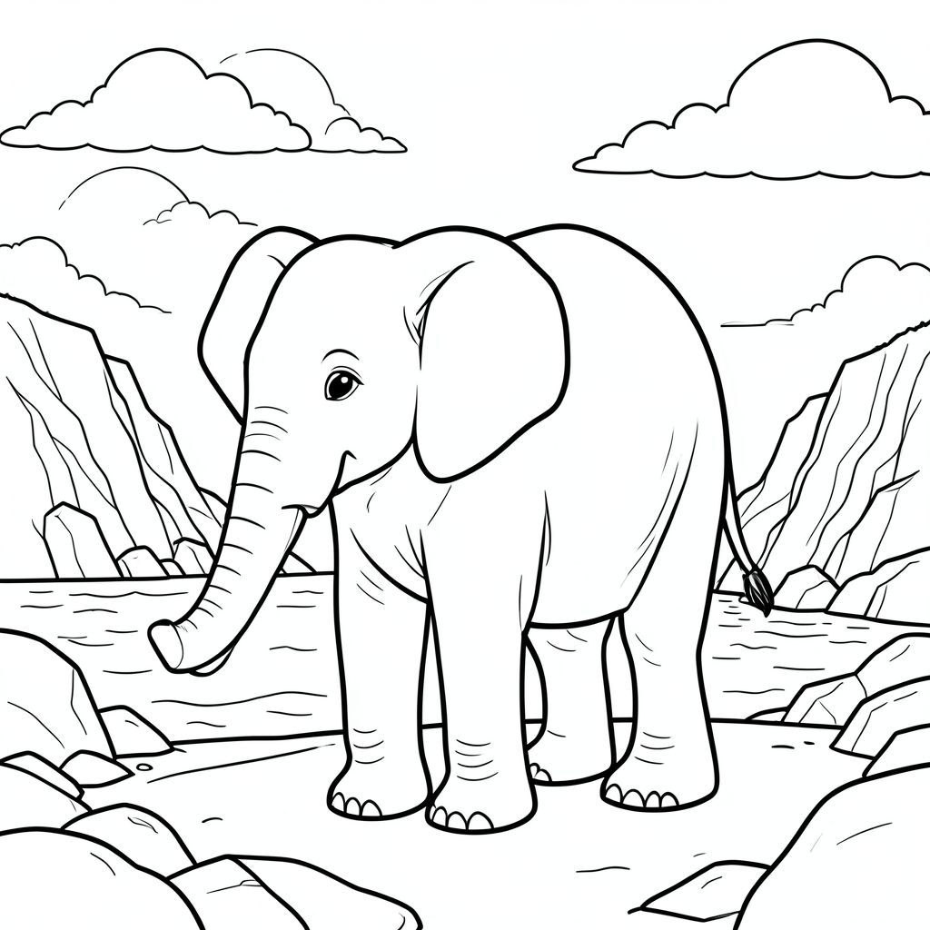 solo, một con voi, một đầu, hai mắt, hai tai lớn, một thân cây, bốn chân, một đuôi, bàn chân trên mặt đất vững chắc, tỷ lệ tự nhiên, quy mô thích hợp trong môi trường, đúng về mặt giải phẫu, voi, Vịnh, Nước, ly, Vách đá, đá, Đường bờ biển, Ánh sáng mặt trời, đám mây, Bầu trời, độ sâu, trang màu, nghệ thuật đường, nền trắng, solo, chủ đề đơn, đúng giải phẫu, giải phẫu hoàn hảo