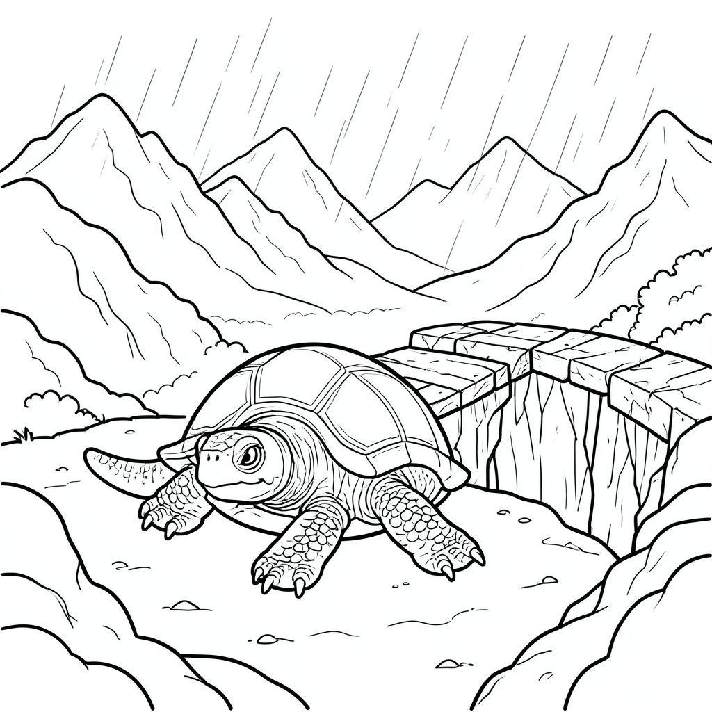 solo, rùa đơn, một đầu, hai mắt, bốn chân, một vỏ, một đuôi, bàn chân trên mặt đất vững chắc, tỷ lệ tự nhiên, quy mô thích hợp trong môi trường, đúng giải phẫu, rùa, Sương mù, núi, vực thẳm, cầu, đá, Phong hóa, mưa, sương mù, Xoáy, hơi, Trang tô màu, nghệ thuật đường, nền trắng, solo, chủ đề đơn, chính xác về mặt giải phẫu, giải phẫu hoàn hảo